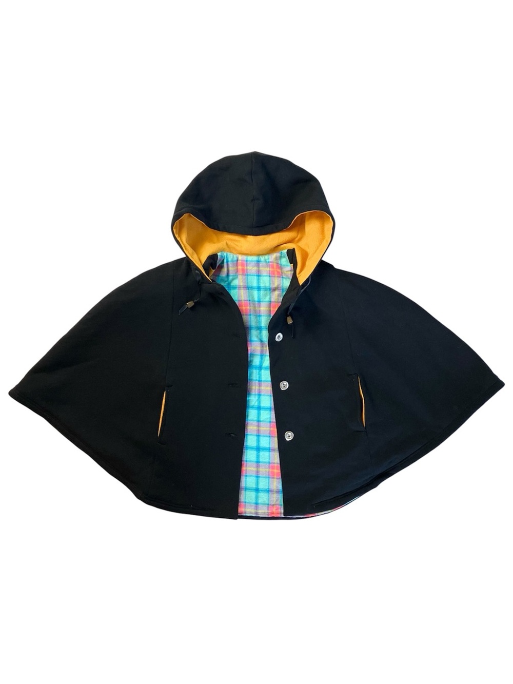 Handmade Hooded Cape Kids 6-7y Fall Jacket Buttons Pockets Lined Plaid Quality